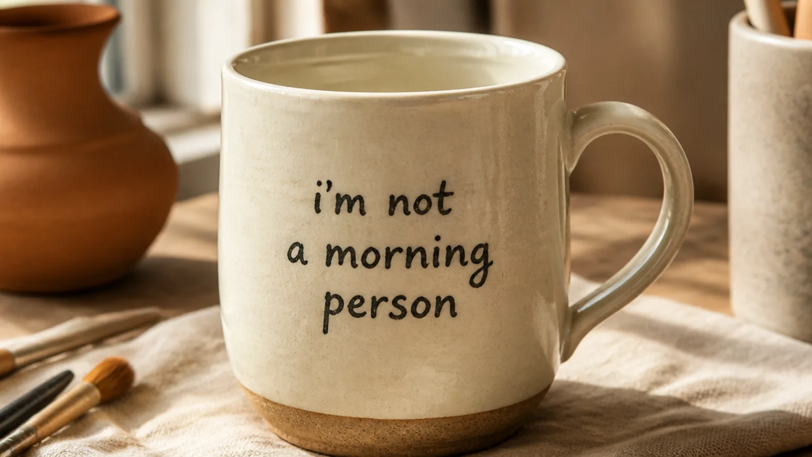 A cream mug with a short witty phrase hand-lettered in charcoal underglaze across the front, clean and legible, under a clear glaze.