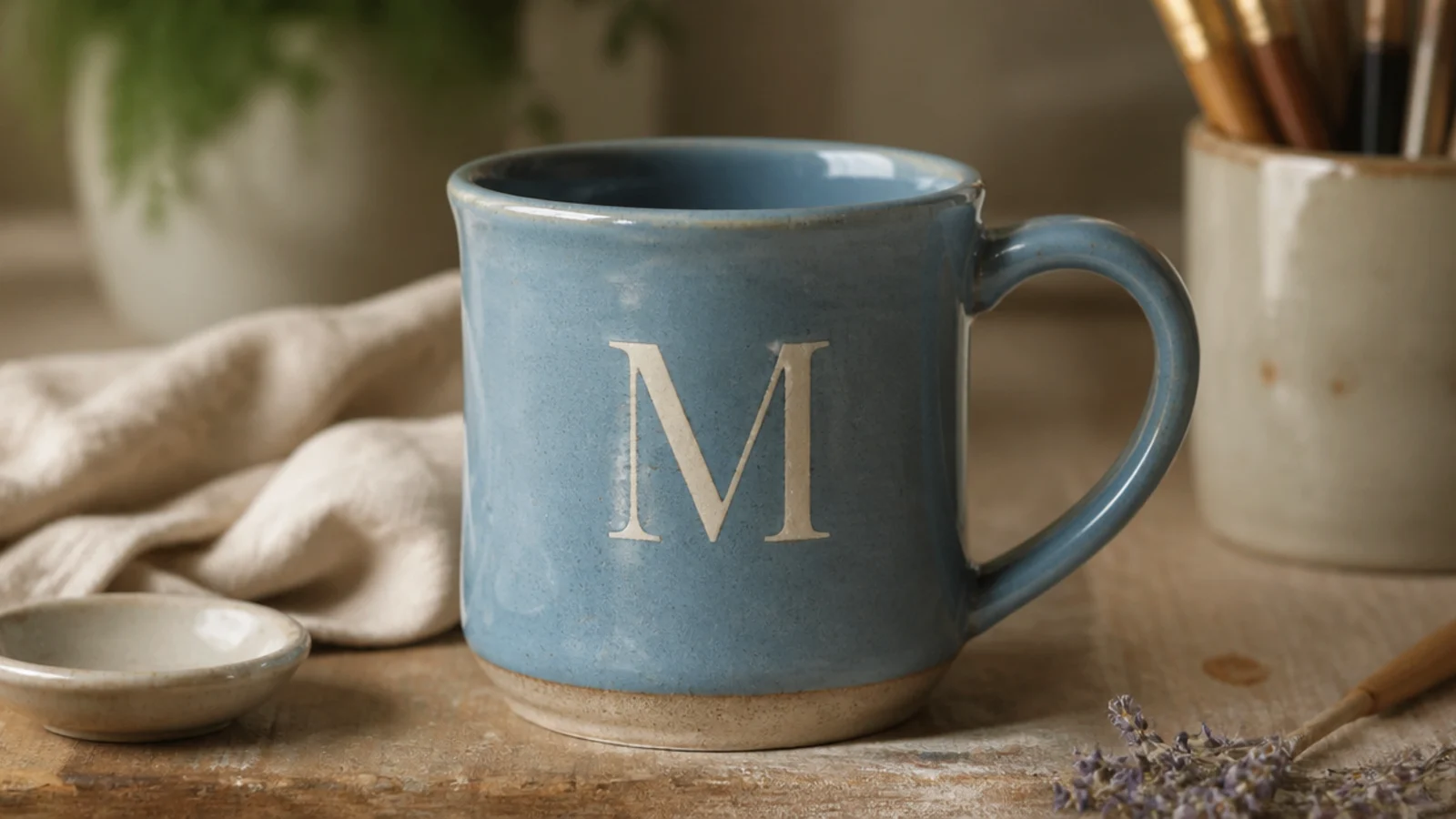 A dusty-blue mug with a single large cream serif initial centered on the front, clean and personalized, under a clear glaze.