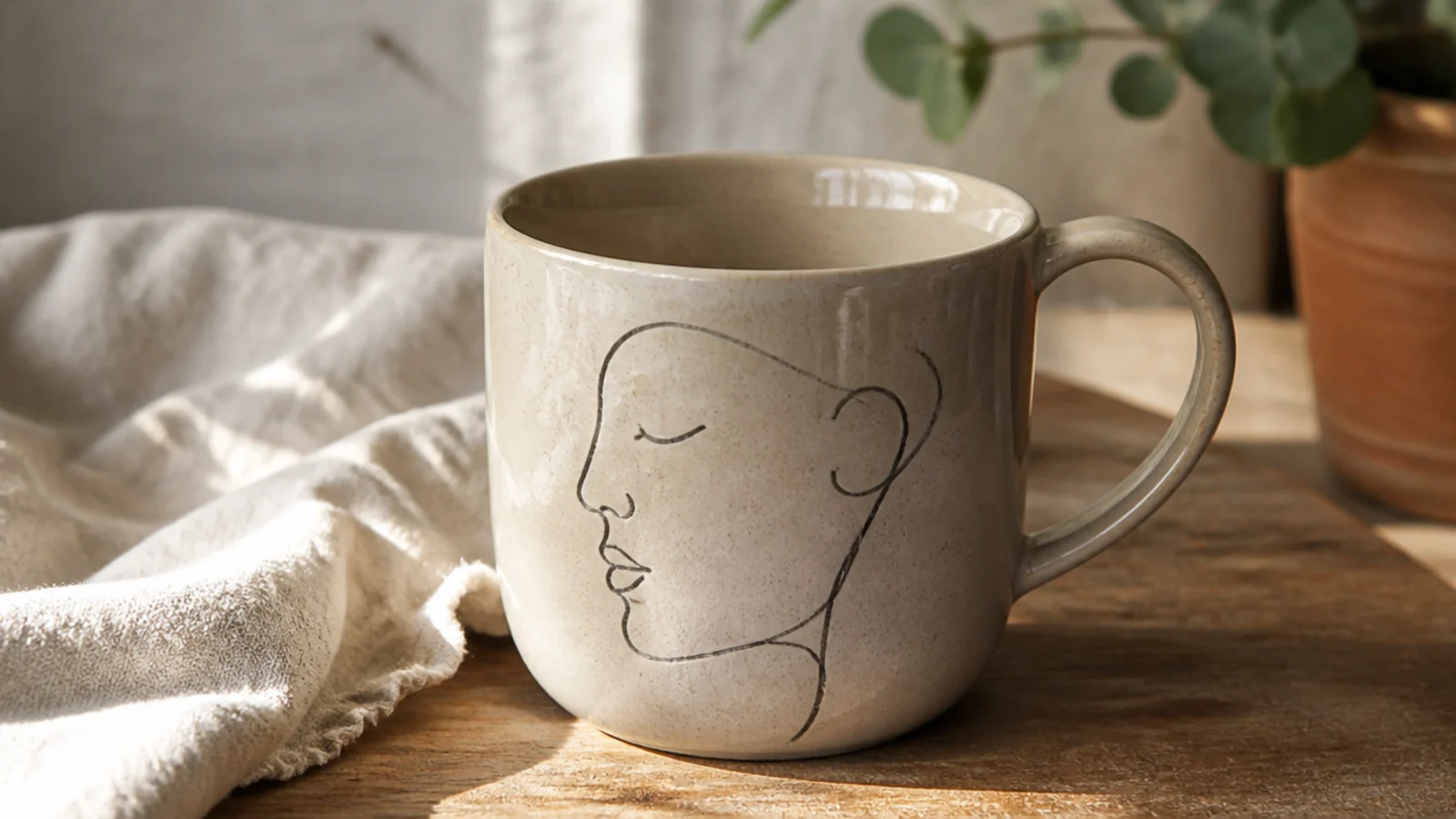 A cream mug with a single continuous charcoal line-art face and profile drawn on the front, modern and minimal, clear glazed.