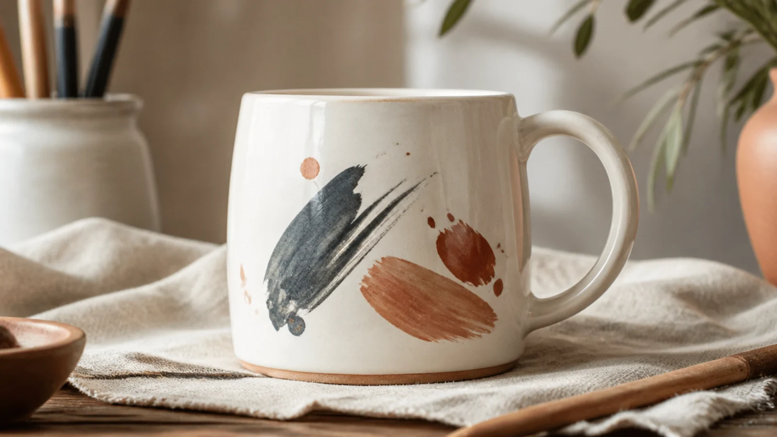 A white mug with a few loose, confident charcoal and terracotta brushstrokes and small dots arranged asymmetrically on the front, clear glazed.
