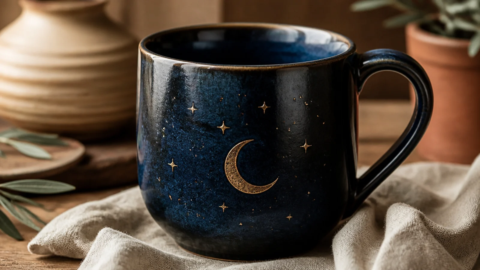 A deep navy mug with a small gold-toned crescent moon and scattered tiny stars on the front, calm and mystical, glazed.