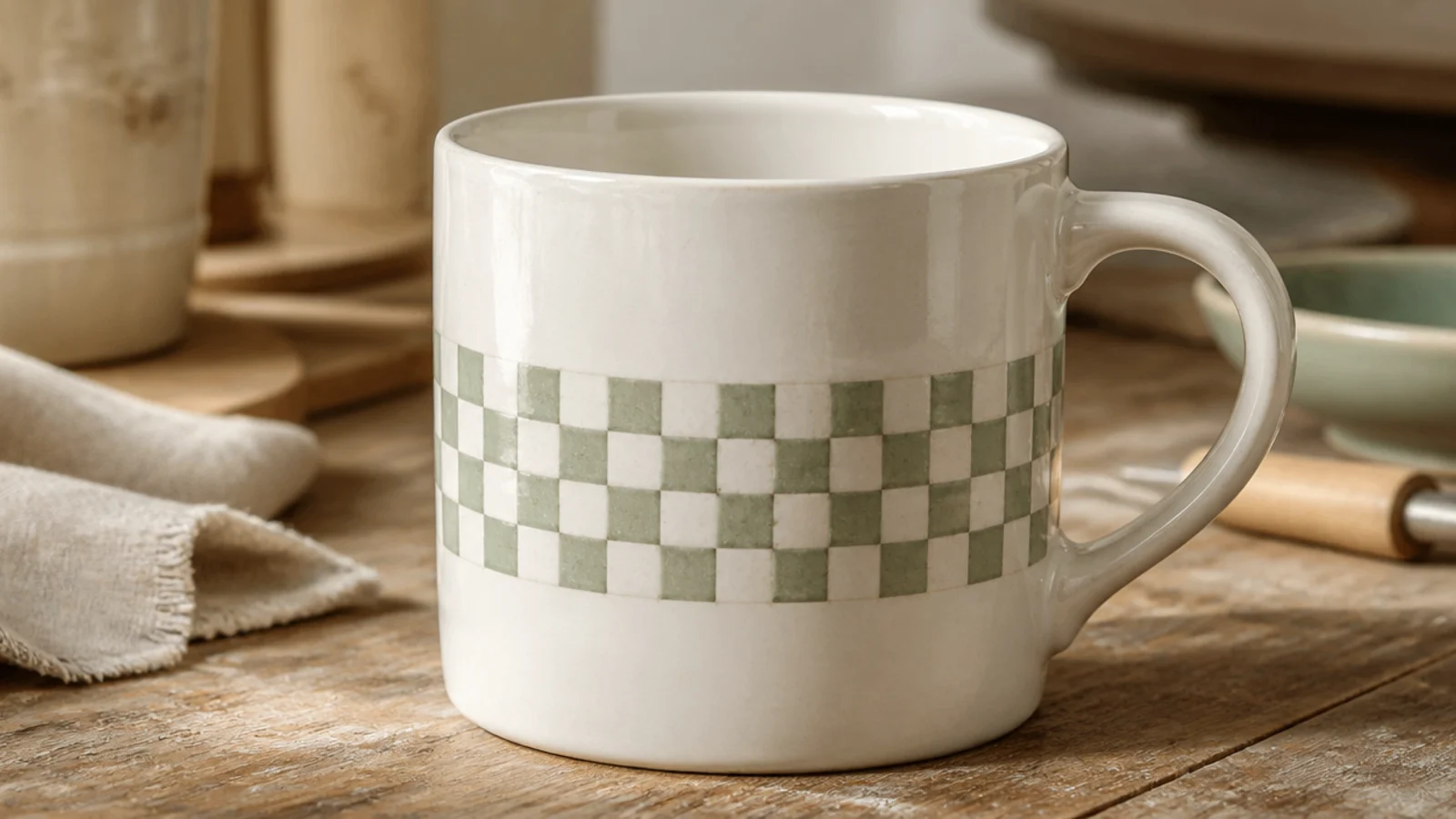 A white mug with a single band of small sage-and-cream checkerboard squares wrapping the middle, the rest left plain, clear glazed.