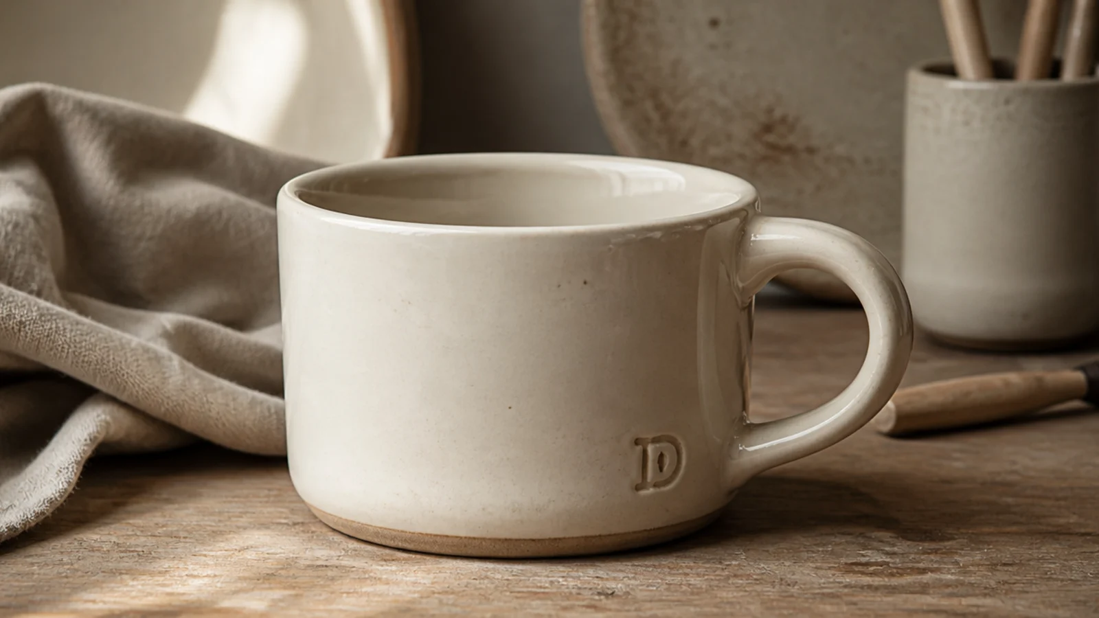 A sturdy short, wide diner-style mug with a rolled rim and thick base in a glossy cream glaze with a small stamped mark, on a wood counter.