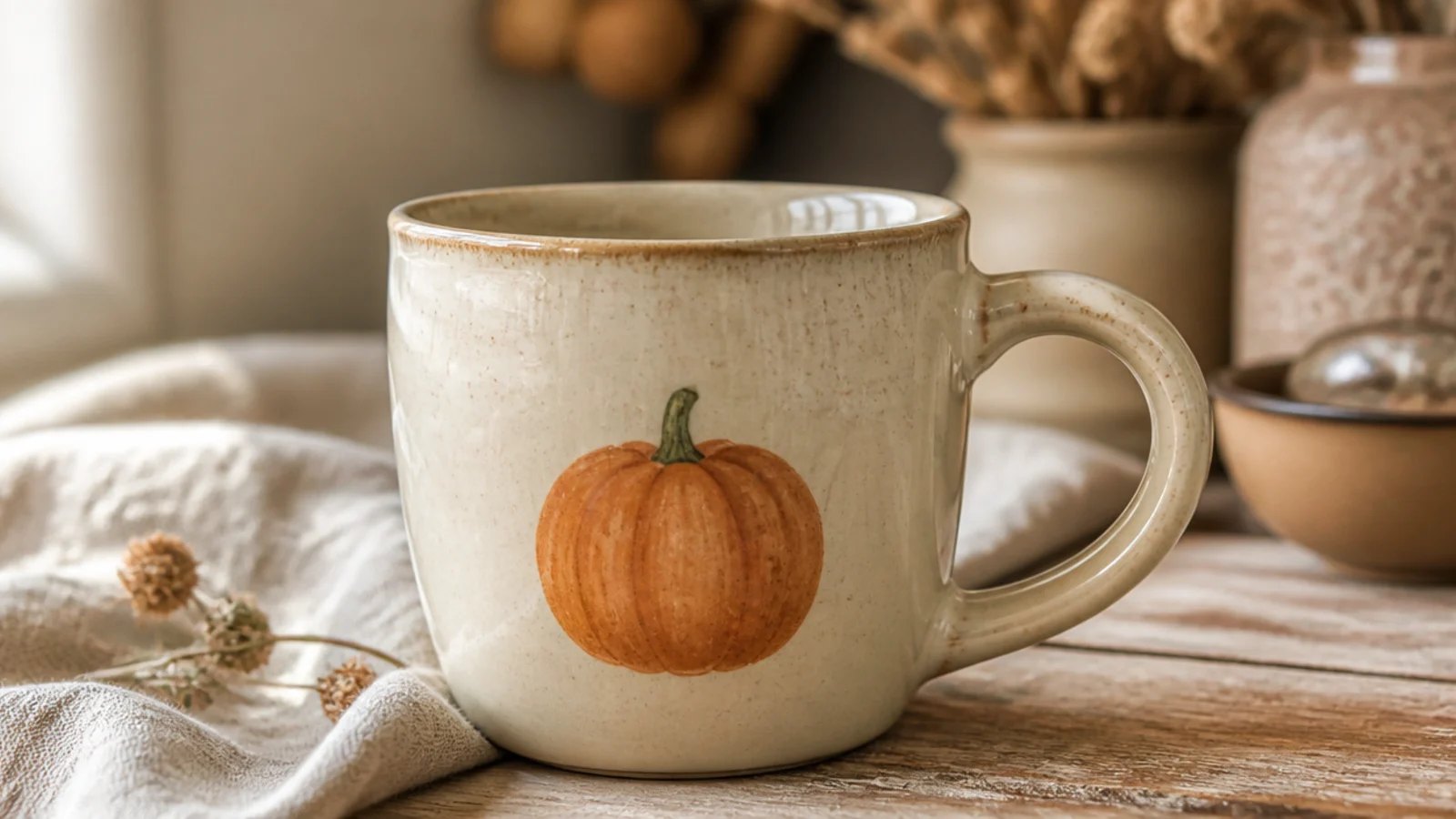 A warm cream mug with a small painted burnt-orange pumpkin and a tiny green stem on the front, cozy and autumnal, clear glazed.