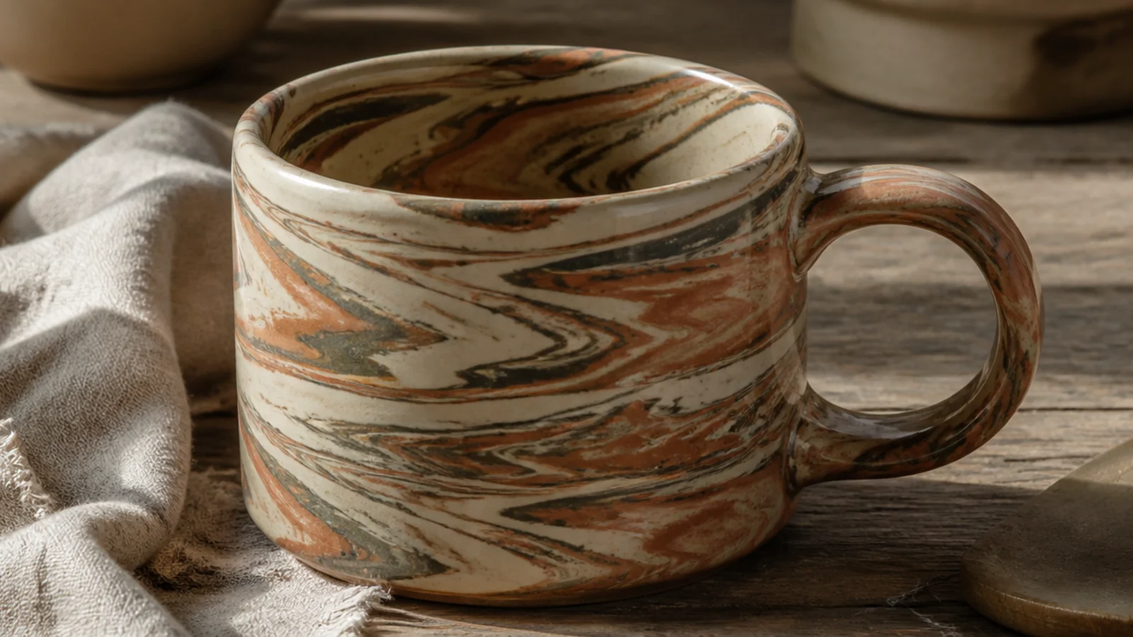 A mug with swirling marbled clay in cream, terracotta, and charcoal running all the way through the walls, clear glazed.