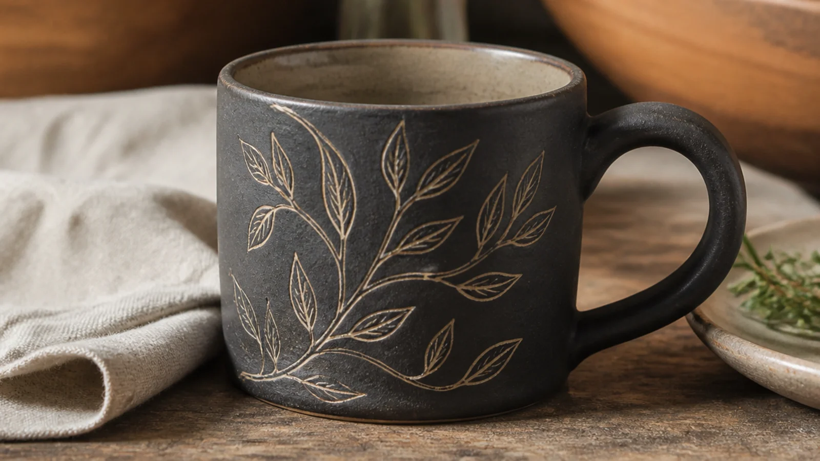 A dark-slip mug with a botanical pattern scratched through to reveal the pale clay beneath, crisp fine lines and a matte finish.