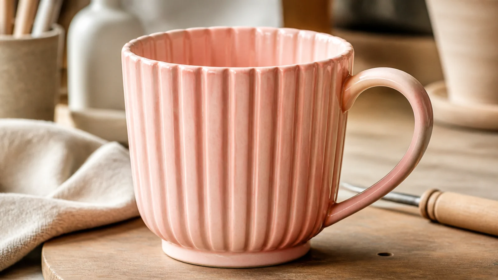 A mug carved with soft vertical flutes like a scallop shell running top to bottom, glazed in satin blush pink, tactile and rhythmic.