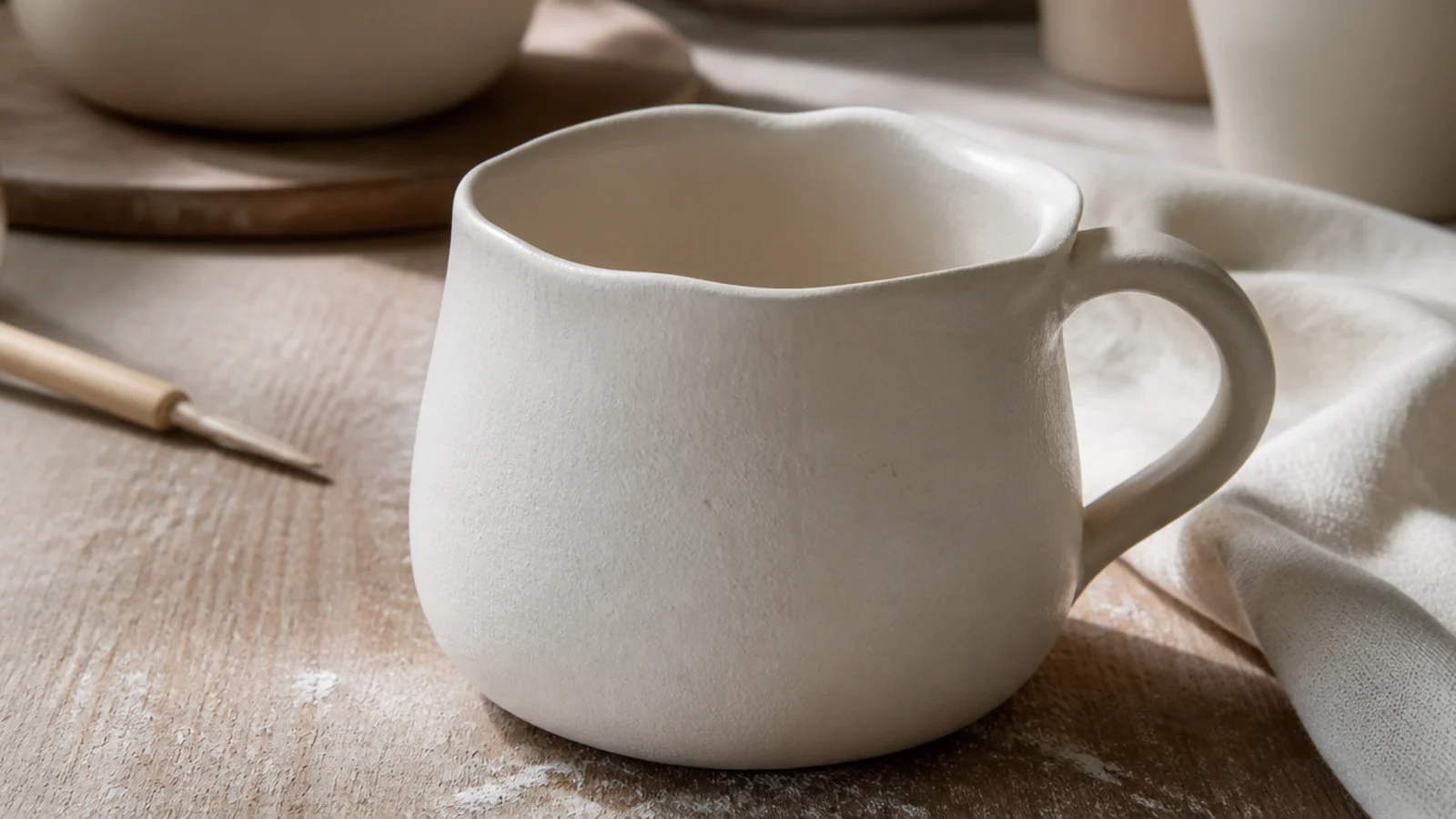 A cream mug with a gently undulating, softly wavy rim and organic silhouette, hand-formed and relaxed, glazed in soft matte white.
