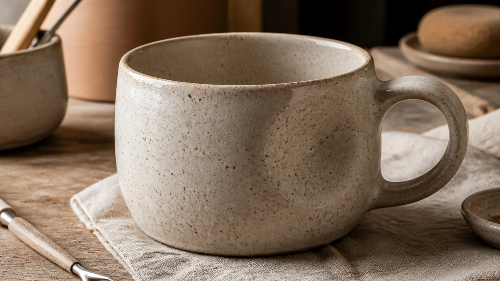 A rounded mug with two soft pressed dimples on the side where a thumb and finger rest, glazed in warm speckled oatmeal, ergonomic and tactile.