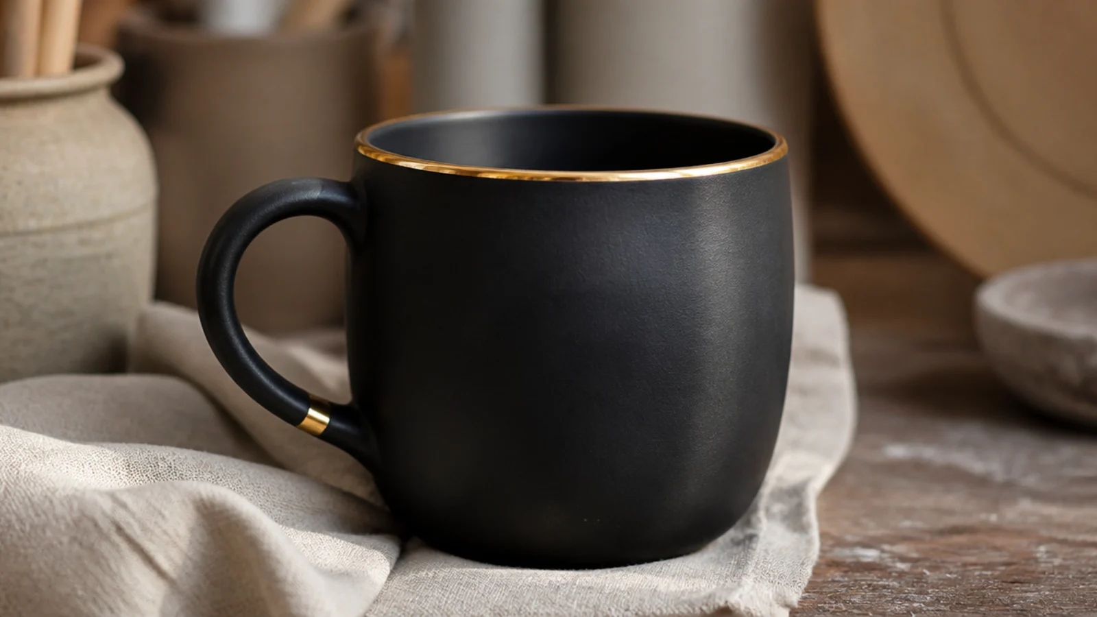 A matte black mug with a thin brushed line of real gold luster around the rim and a gold-dipped handle tip, elegant and minimal.