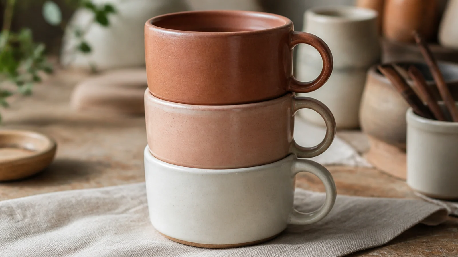 A set of matching mugs in graduated warm tones - terracotta, blush, and cream - stacked and nested neatly together with aligned handles.