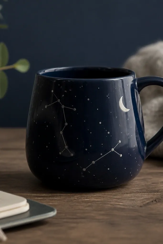 A dark navy mug with scattered tiny white dots, a few connected constellation lines in pale silver, and a small crescent moon near the handle.