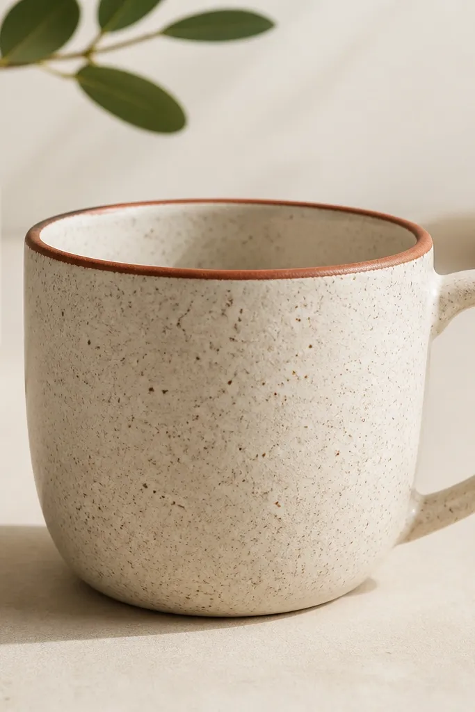 A cream mug with a speckled off-white and taupe texture across the body, plus a thin painted rim in muted terracotta.