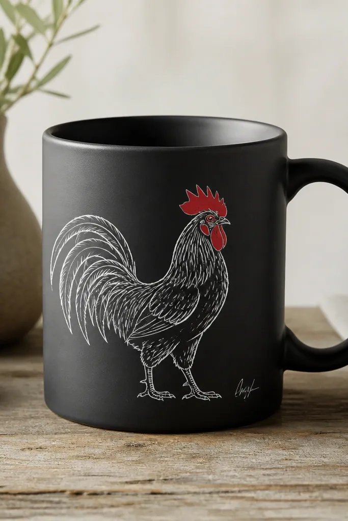 A matte black mug with white line-art of a rooster in profile, a few red accents in the comb, and a small signature-style mark near the bottom.