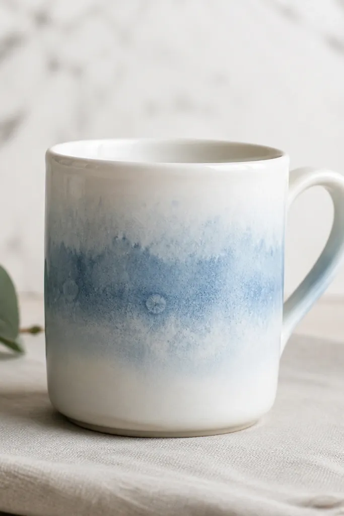 A white mug with a pale blue watercolor wash that fades downward, with tiny crystalline salt-like speckles in the darker areas.