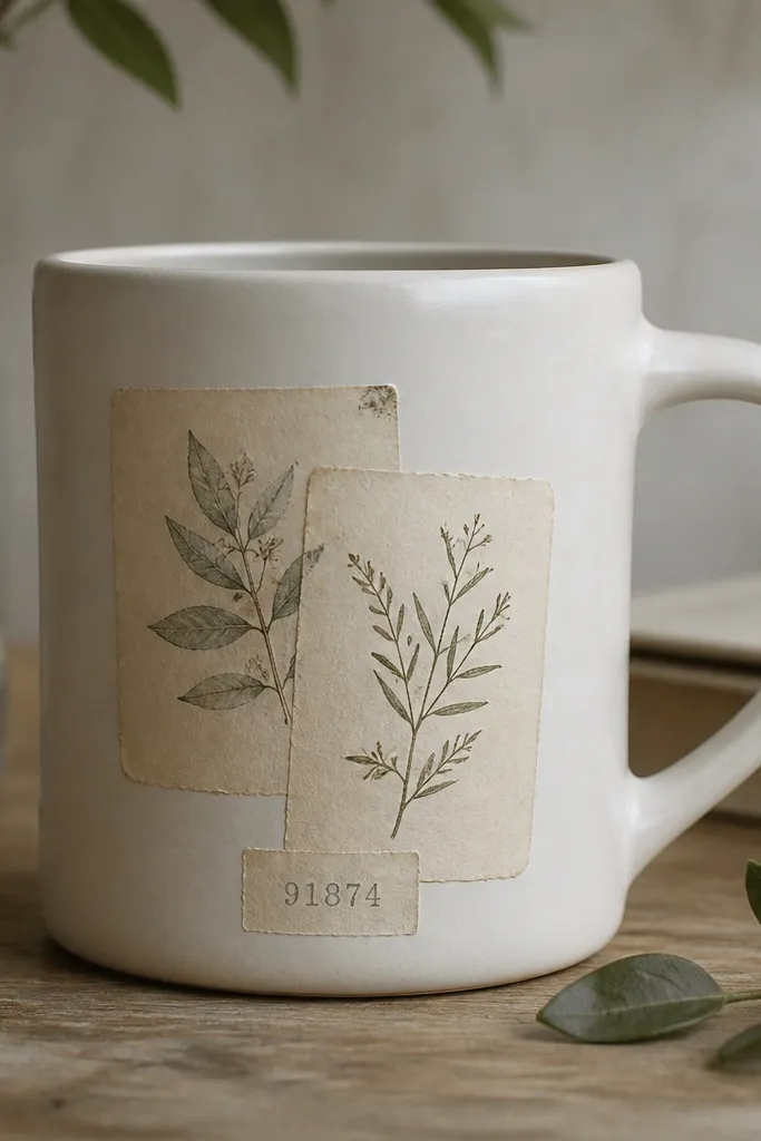 A mug covered in two overlapping botanical label strips with tiny leaf drawings, plus a small "specimen" style number at the bottom.