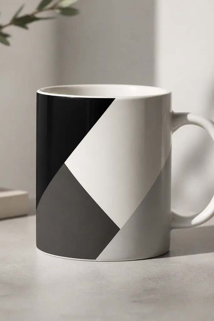 A white mug with three geometric blocks in black, charcoal, and light gray, arranged diagonally with sharp tape edges.