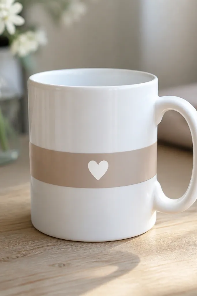 A mug with a clean vinyl letter strip wrapping around the handle area, with a small heart icon in the center.