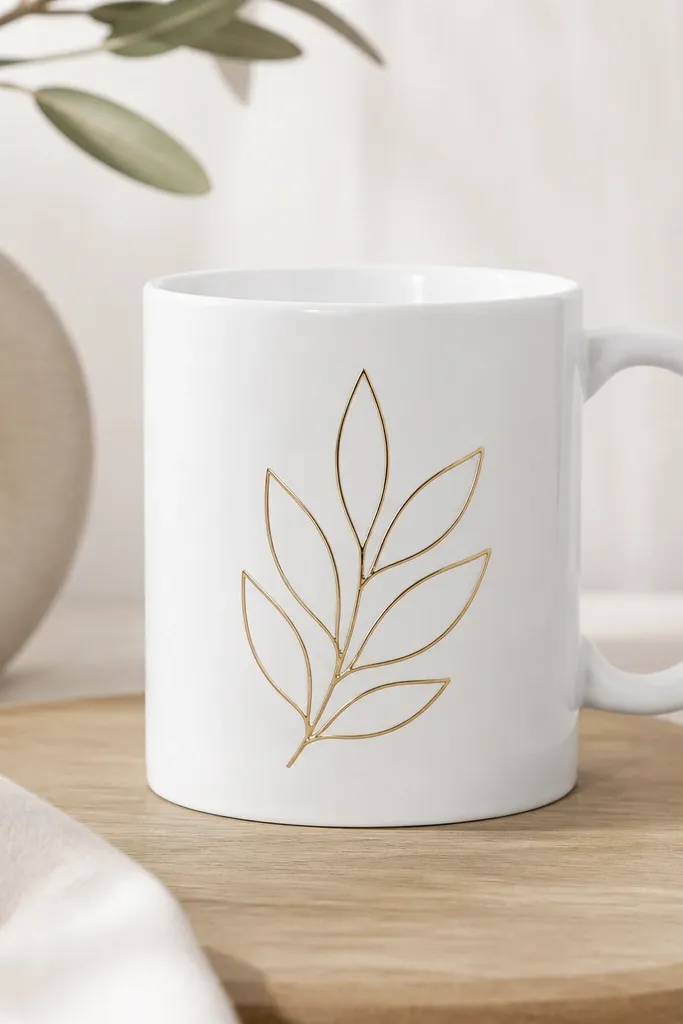 A white mug with a thin gold foil outline around a simple leaf shape, with the rest of the mug left clean.