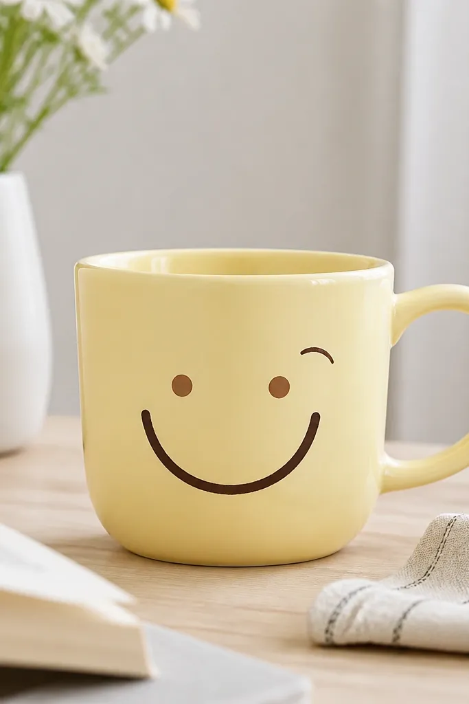 A pastel yellow mug with a hand-drawn smile in dark brown, dot eyes in lighter brown, and a tiny curved highlight mark above the smile.