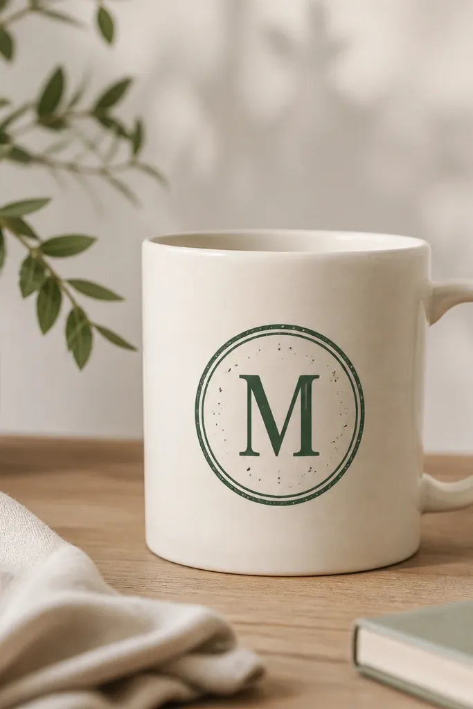 A cream mug with a centered monogram in dark green, surrounded by a circular stamped border with tiny ink-like speckles.