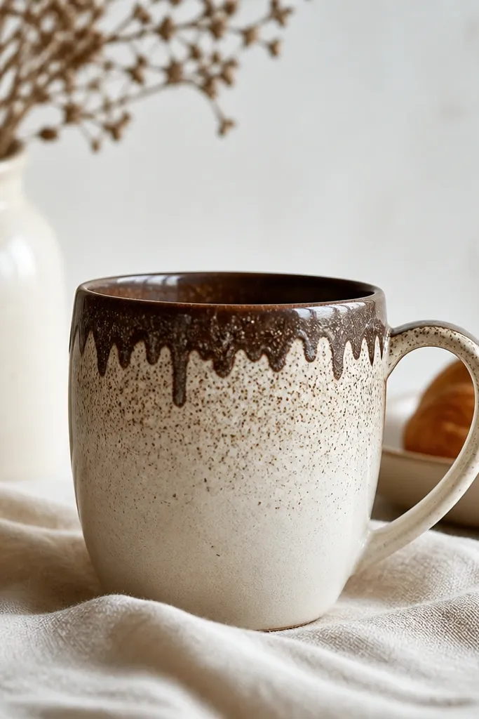 A light beige mug with a dark brown drip border around the top, plus cocoa-colored speckles across the upper half.