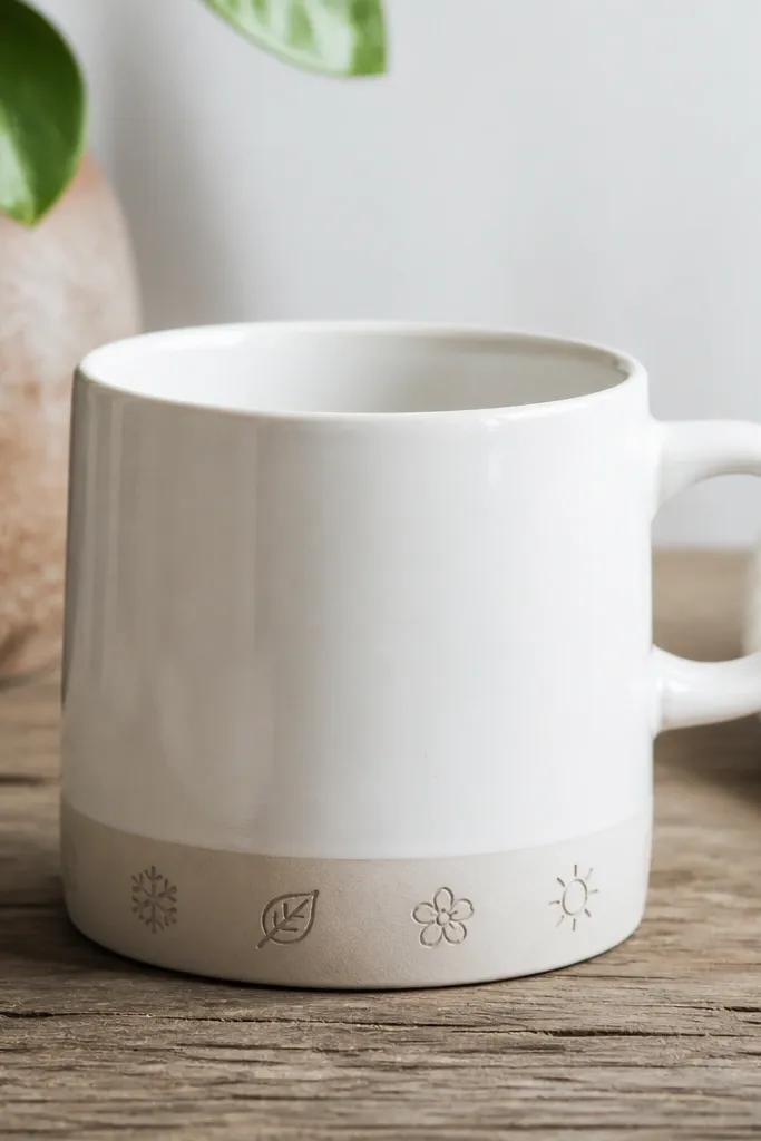 A white mug with a bottom band containing four small icons: snowflake, leaf, flower, and sun - each spaced evenly around the circumference.