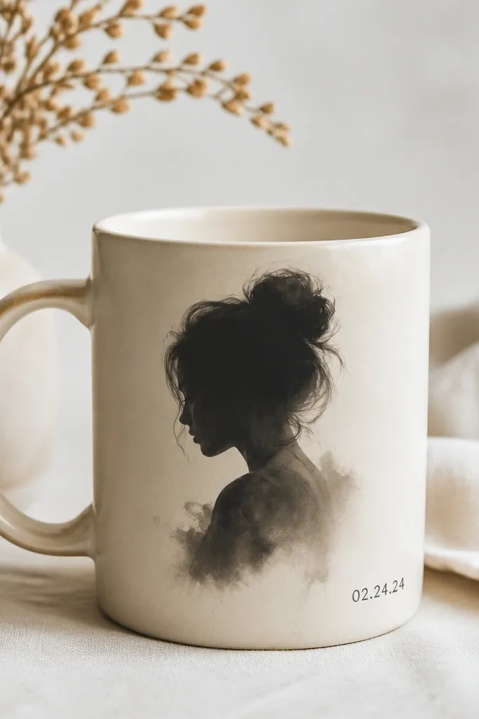A cream mug with a soft black ink silhouette portrait, fading at the edges like watercolor, and a small date in the lower right.