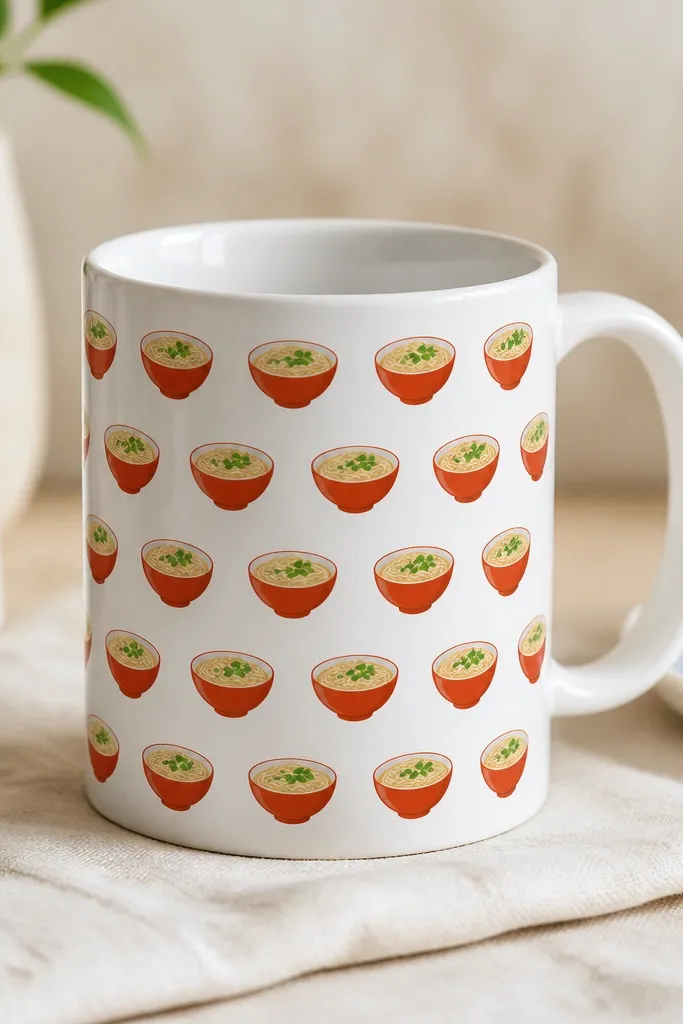 A white mug with a repeating pattern of small ramen bowls in red, cream noodles, and green garnish, arranged in neat rows.