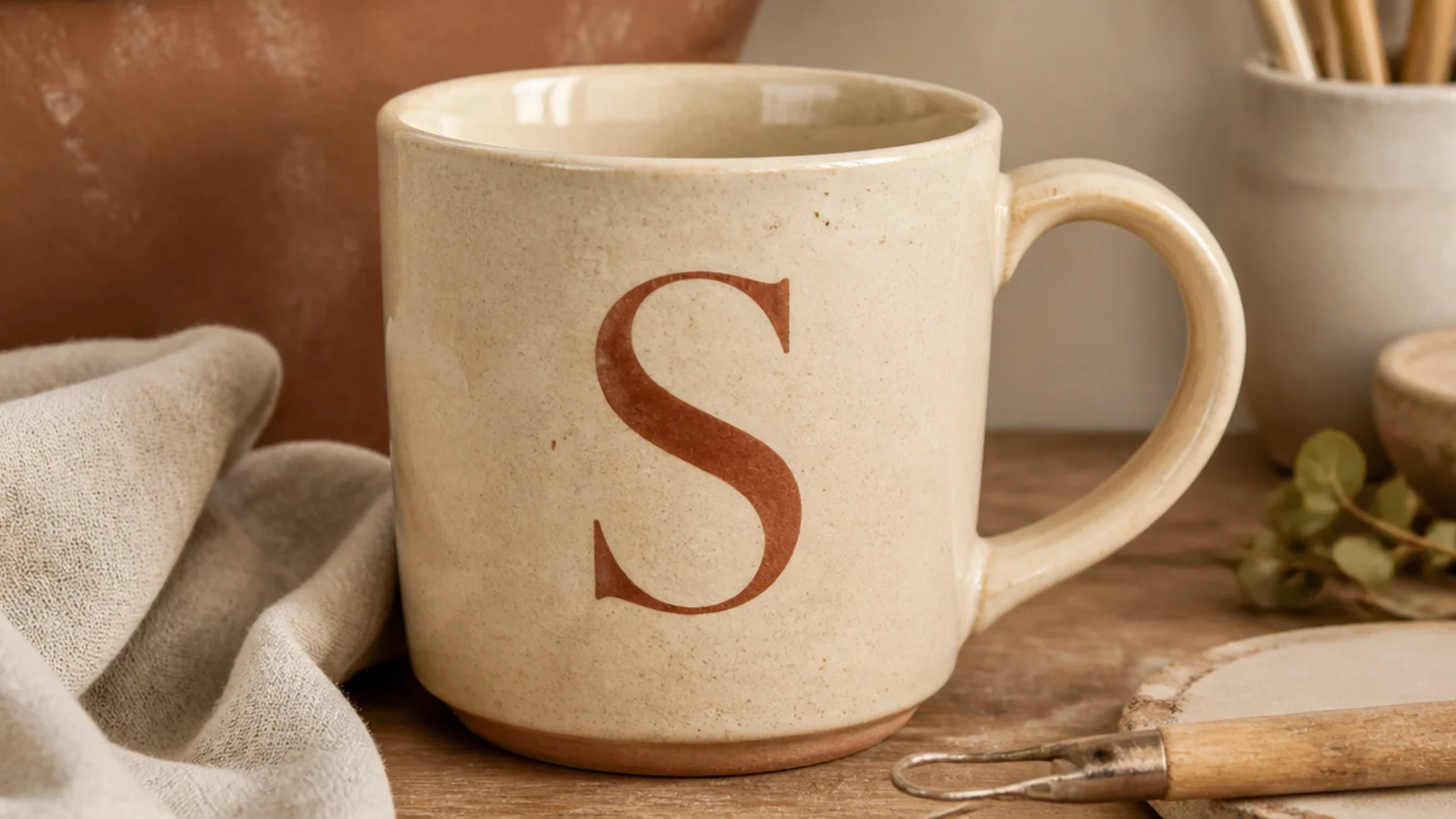 A cream mug with one large serif initial in soft terracotta centered on the front, clear glazed with a simple pulled handle.