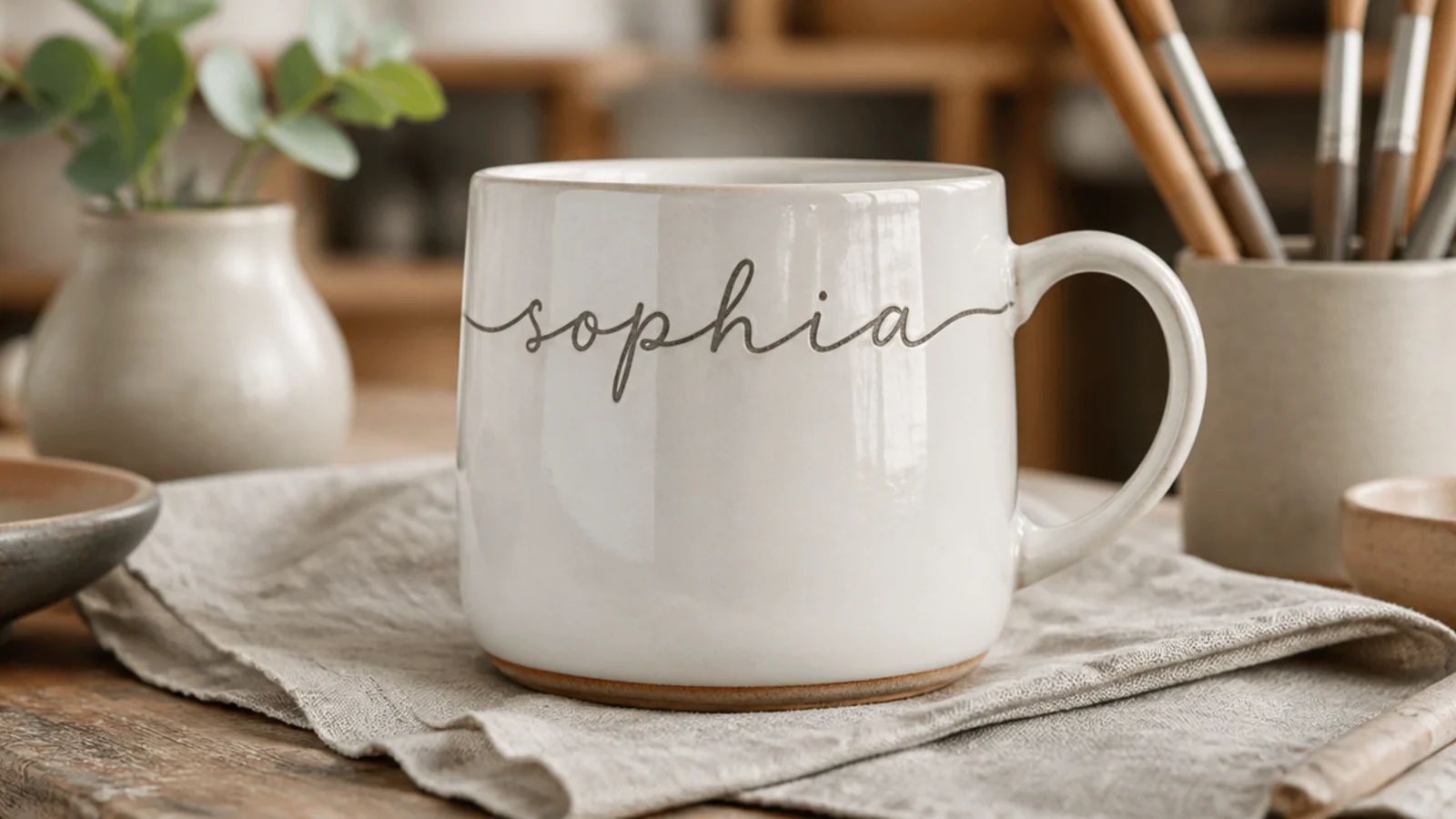 A white mug with a first name in neat charcoal script wrapping the upper body, clear glazed, on a linen napkin.