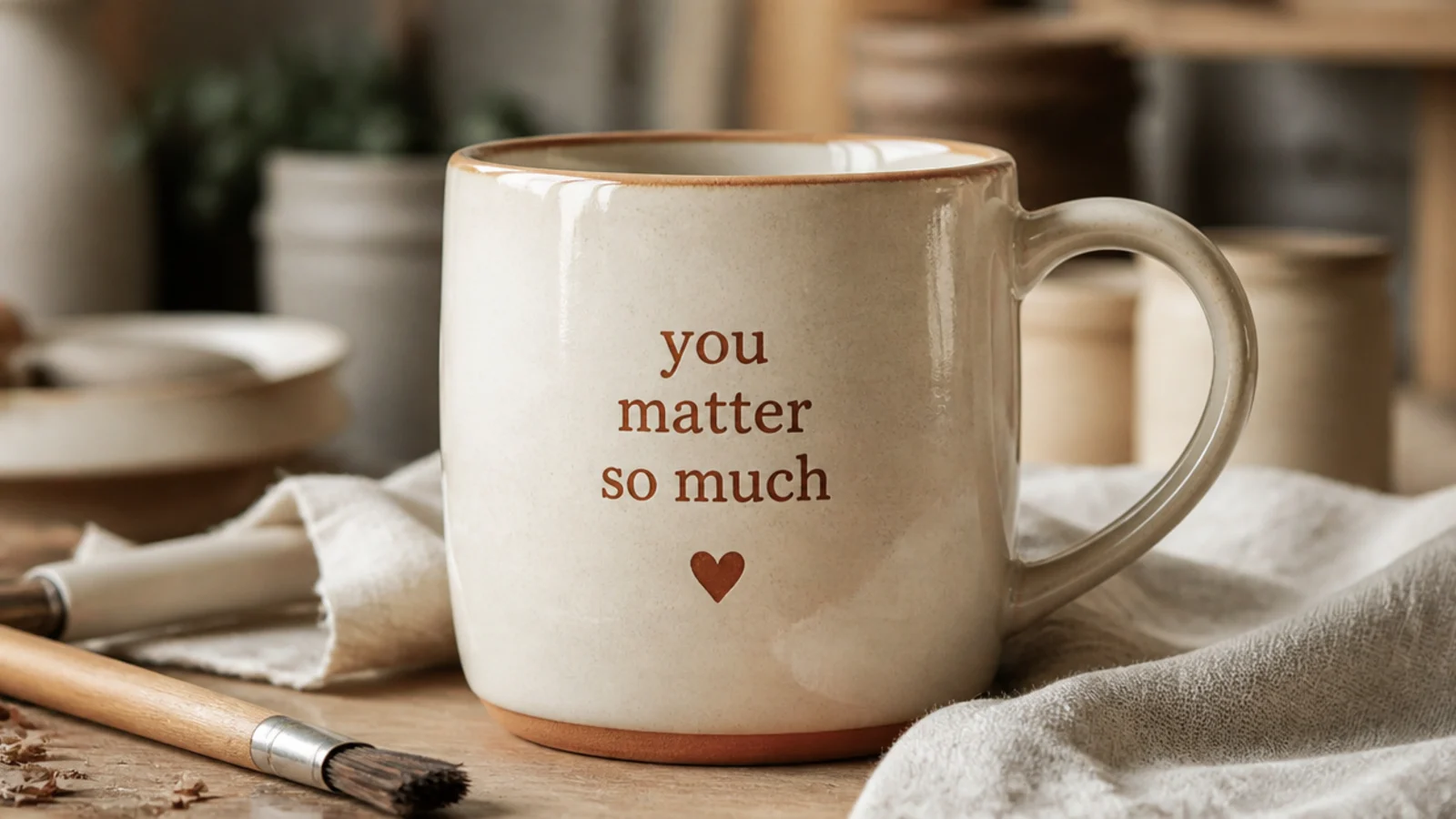 A warm cream mug with a short heartfelt phrase in terracotta underglaze and a small heart, clear glazed, cozy and simple.
