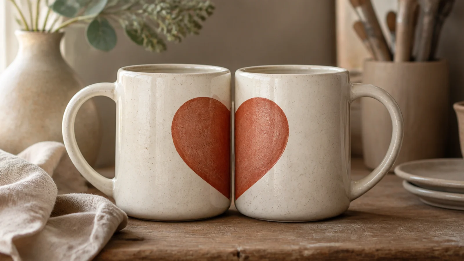 A matching pair of cream mugs, each with half a heart in terracotta that completes when set side by side, clear glazed.