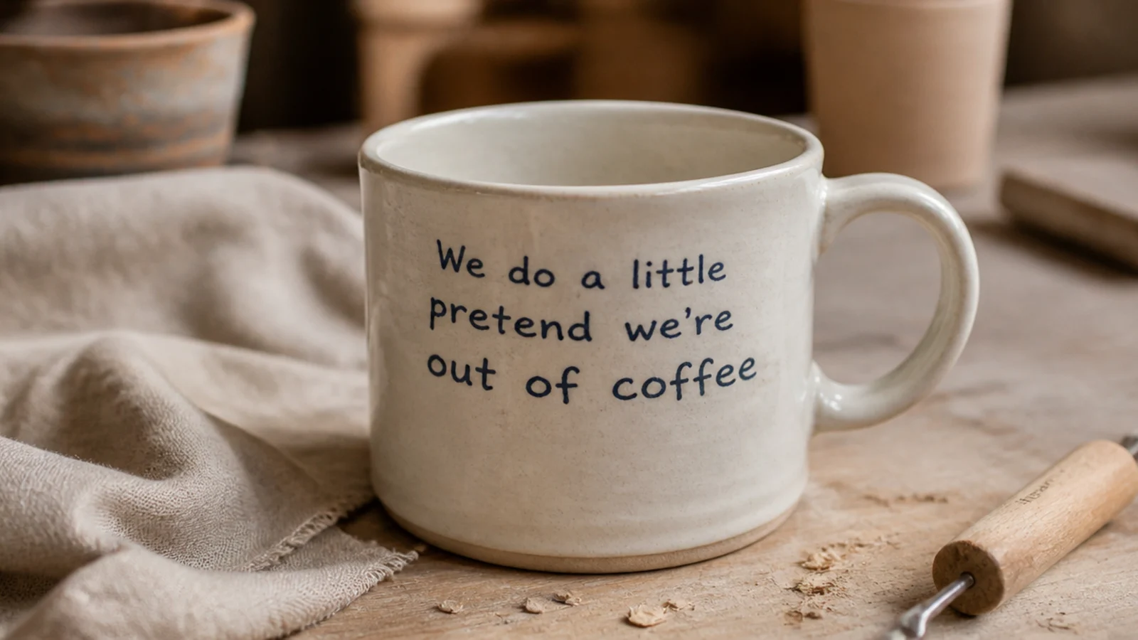 A cream mug with a short handwritten inside-joke phrase in navy underglaze wrapping the upper body, clear glazed.
