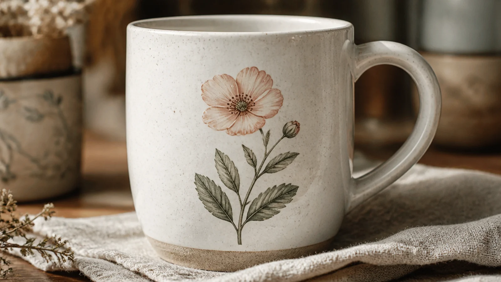 A white mug hand-painted with a single birth-flower sprig in soft sage and blush underglaze under a clear glaze.