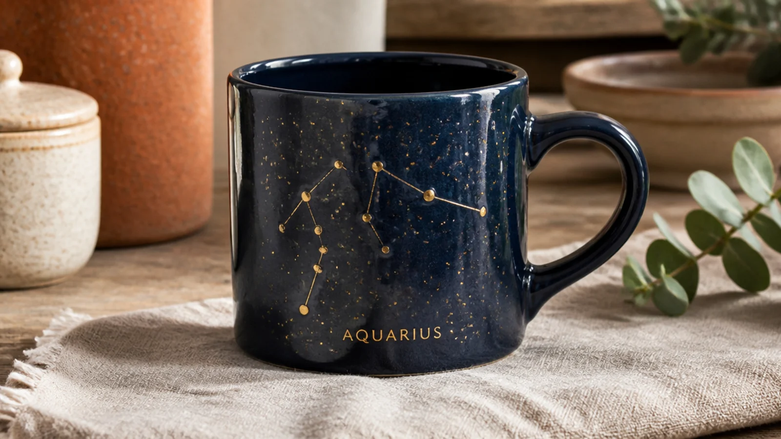 A deep navy mug with a gold-toned constellation of a zodiac sign in small dots and fine lines, clear glazed and cozy.