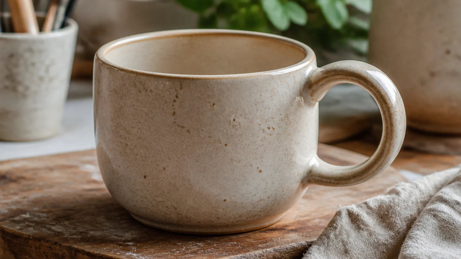 A large rounded mug in warm cream glaze with a chunky comfortable handle, generous and cozy, on a wooden board.