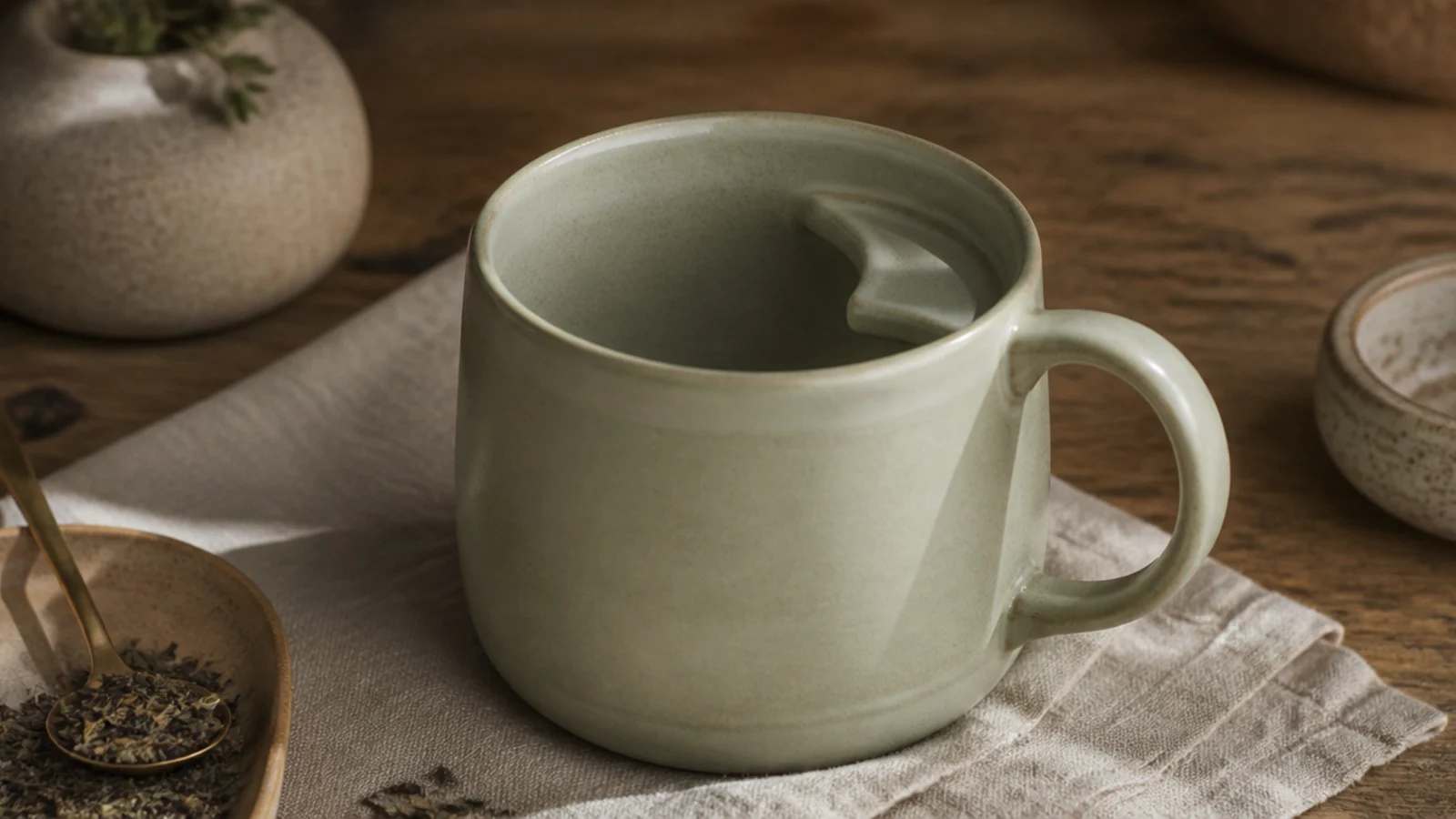 A cream tea mug with a small built-in interior ledge to rest a tea bag or strainer, glazed in soft sage, cozy and practical.