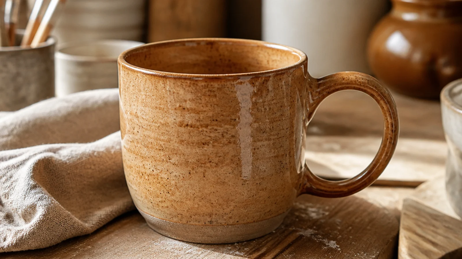 A simple mug in speckled buff clay under a warm honey satin glaze showing natural iron flecks, raw clay foot, cozy.