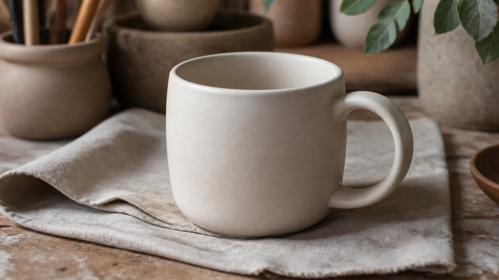A minimalist mug in soft matte cream with a smooth rounded handle and no pattern, calm and tactile, on linen.