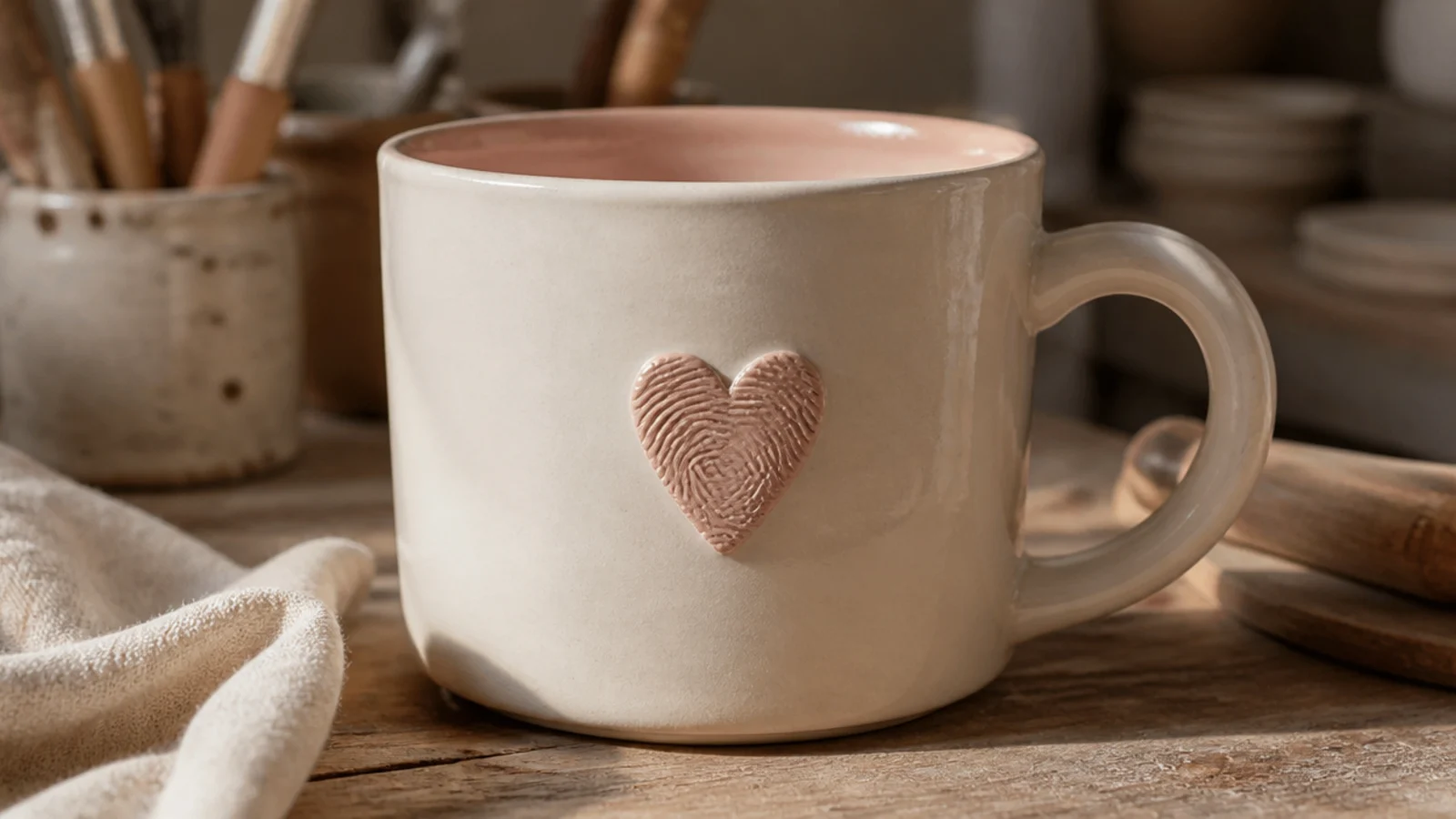 A cream mug with a small applied clay heart on the front bearing a pressed fingerprint, glazed in soft blush, keepsake.