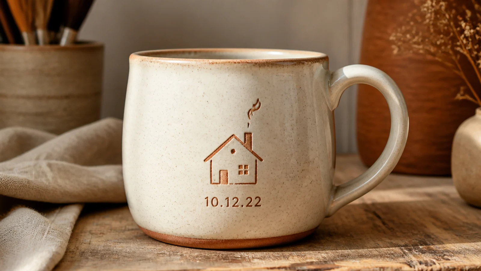 A cream mug with a simple little-house motif and a small date in terracotta underglaze under a clear glaze, cozy.