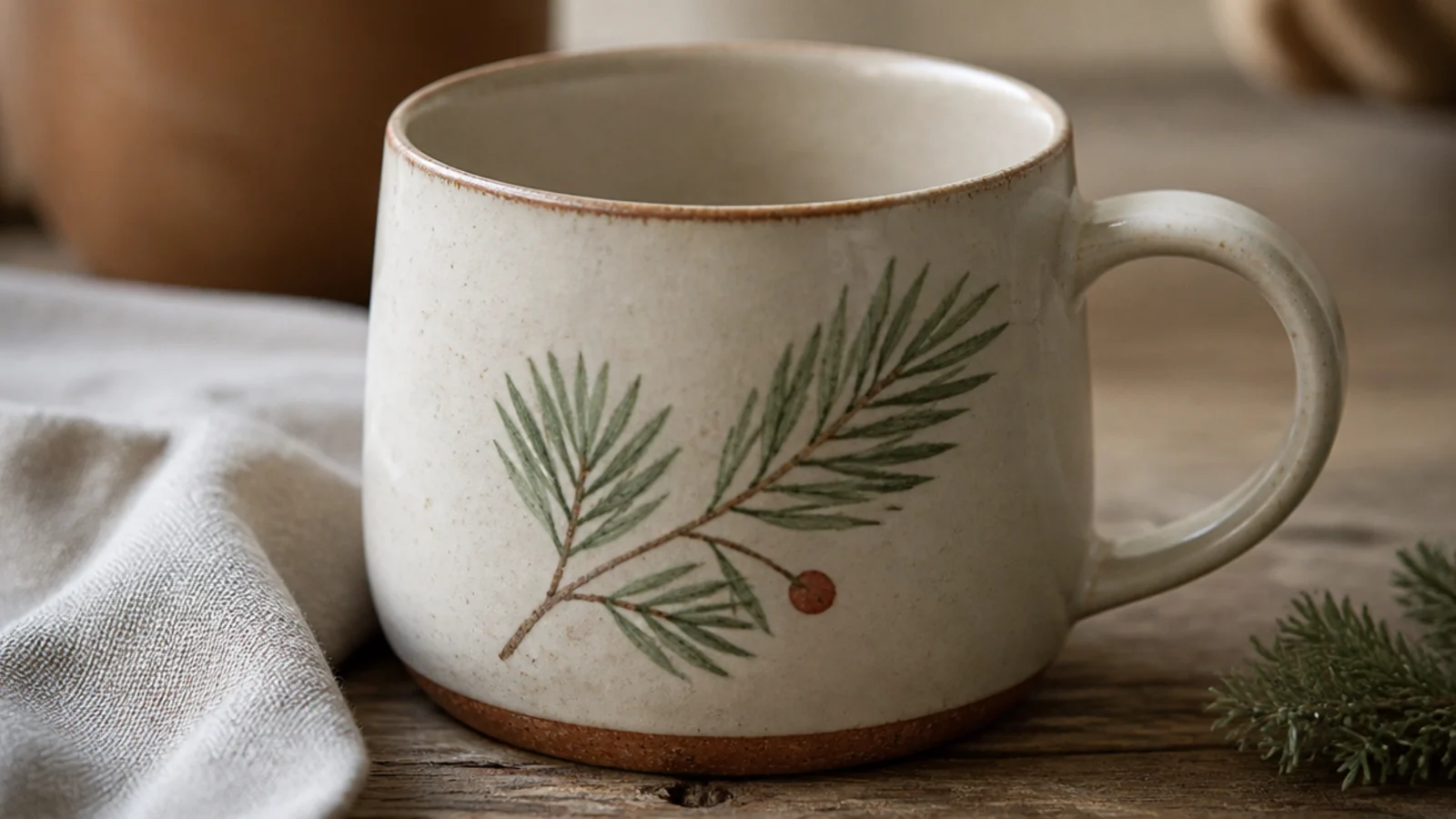 A cream mug with a simple sprig of evergreen and a small berry in sage and terracotta underglaze, clear glazed, cozy.