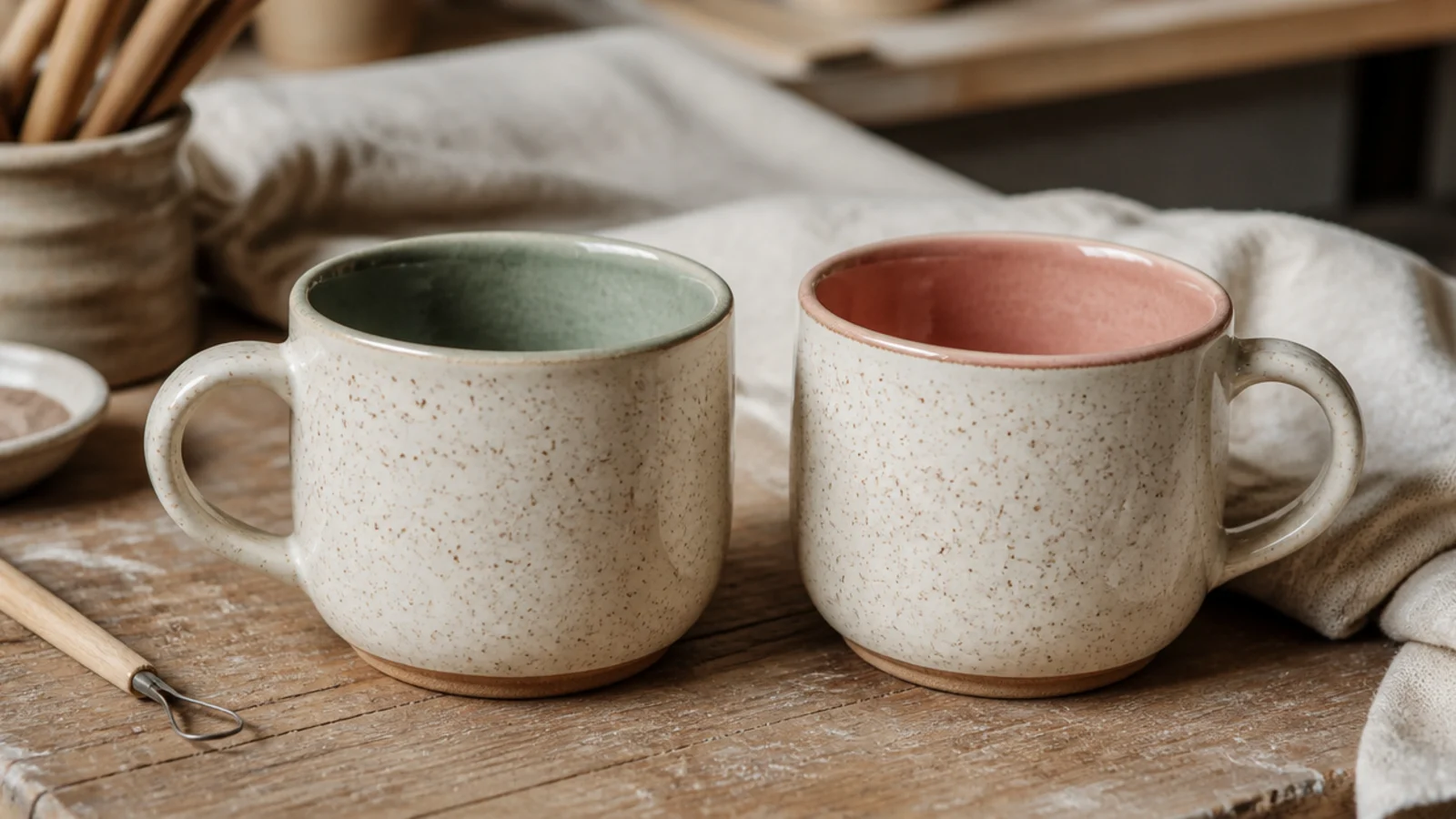 A matched pair of mugs in the same speckled clay, one with a sage interior and one with a blush interior, clear glazed.