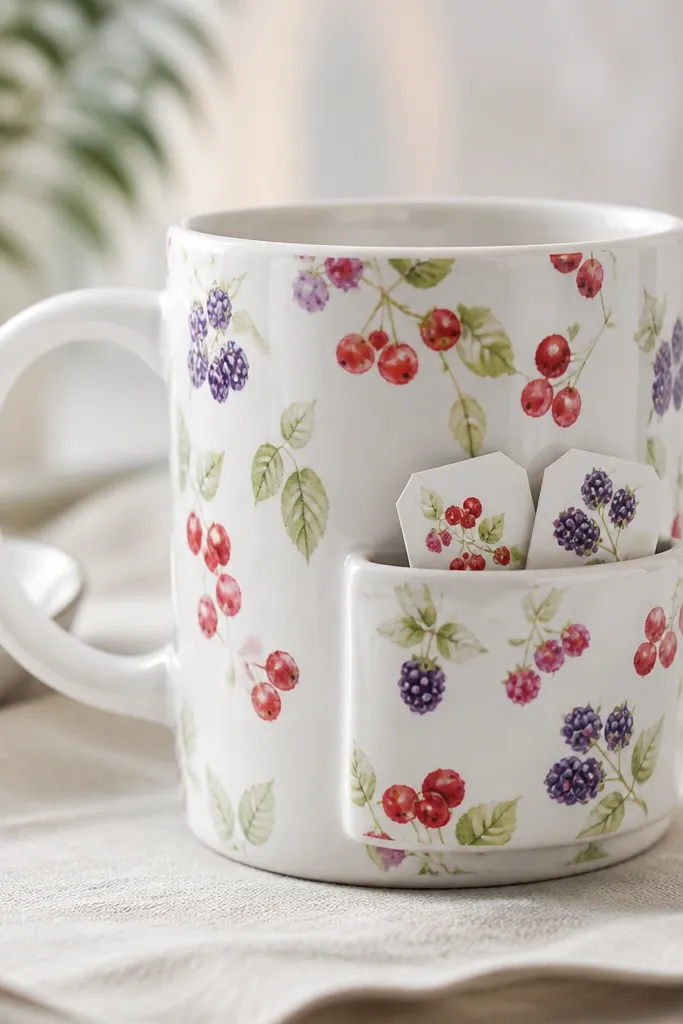 A white ceramic mug painted with scattered red and purple berries and green leaves. On the outside right side is a shallow rectangular pocket area painted to match, with a small lip line at the top and a few tea-bag tags illustrated inside the pocket outline.