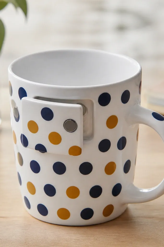 A white mug painted with navy and mustard geometric dots. On the side near the top, there's a small rectangular flap with a visible magnet closure. The inside top opening is clean, with a thin clear rim line.