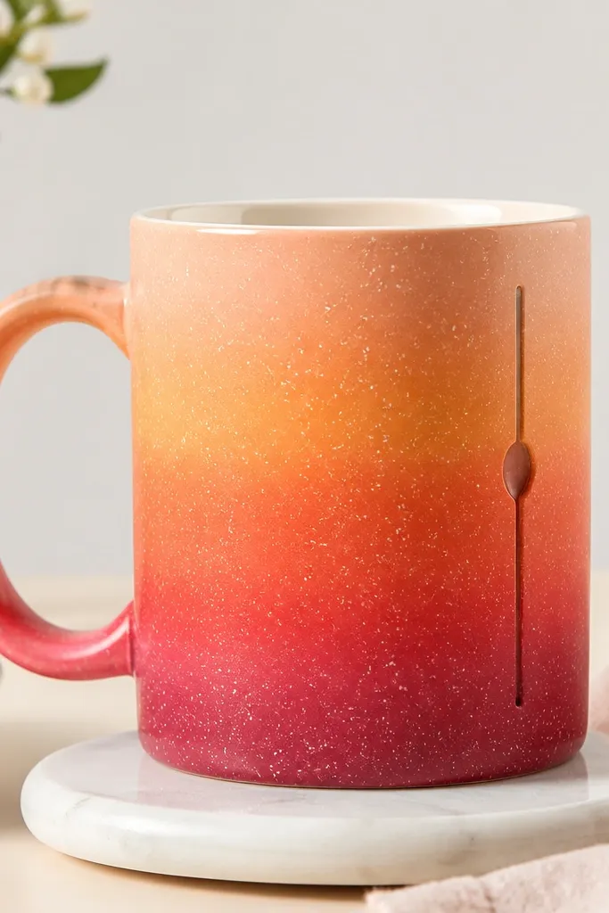 A mug with an ombré sunset from peach to orange to deep magenta splashed with tiny white speckles. A narrow vertical slot is painted on the right side like a track, with a small opening line at the top and a spoon icon halfway down.