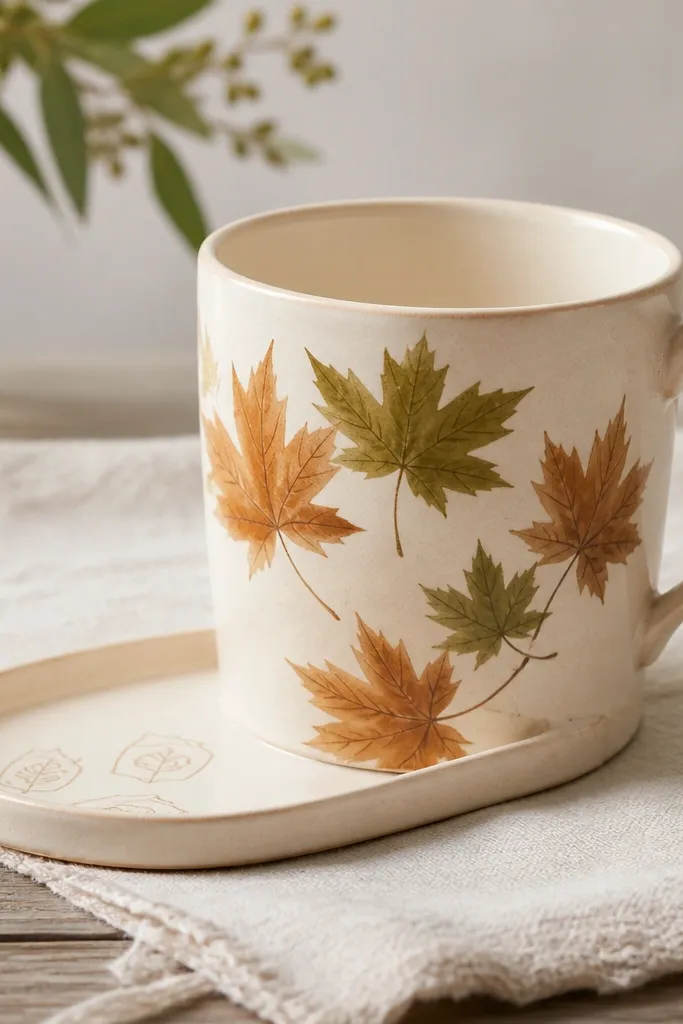 A cream mug painted with maple leaves in warm amber and olive green. At the front bottom edge there is a small horizontal tray-like extension painted the same cream, with a raised rim line and faint packet icons.