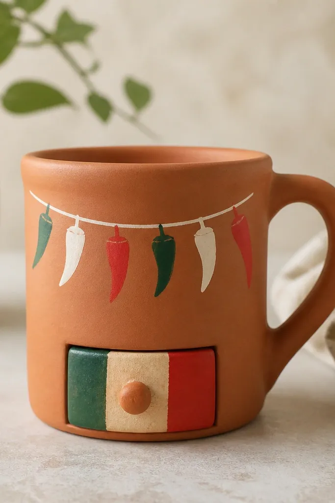 A terracotta mug painted with small chili pepper flags hanging from a string. The front has a little drawer panel at the bottom third, painted with the same flag colors. The drawer handle is a tiny painted wooden bead.