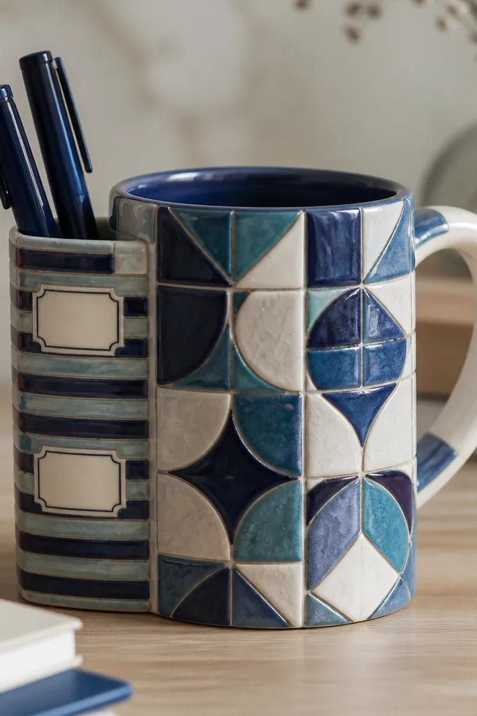 A mug painted like stacked ceramic tiles with blue, teal, and white geometric shapes. On the left side is a narrow organizer pocket with alternating stripe sections, and small label rectangles painted on the pocket face.